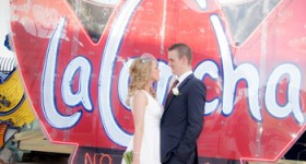 Wedding couple photo shoot in Neon Boneyard, Las Vegas.