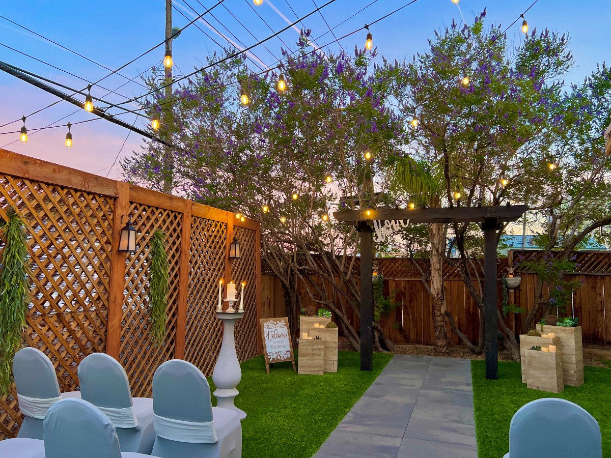 Outdoor wedding venue in Las Vegas featuring romantic garden gazebo
