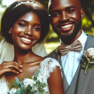 newlywed couple smiling at camera