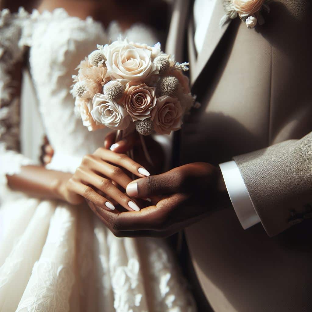 bride and groom holding bouquet