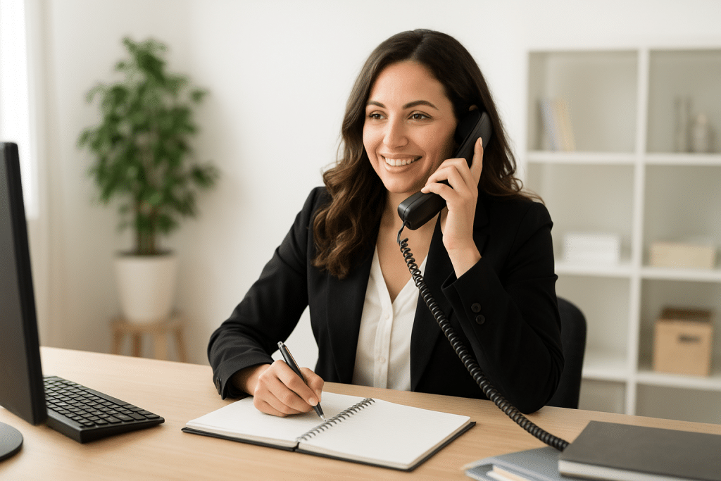 Professional wedding planner sitting at desk answering phone call and taking notes