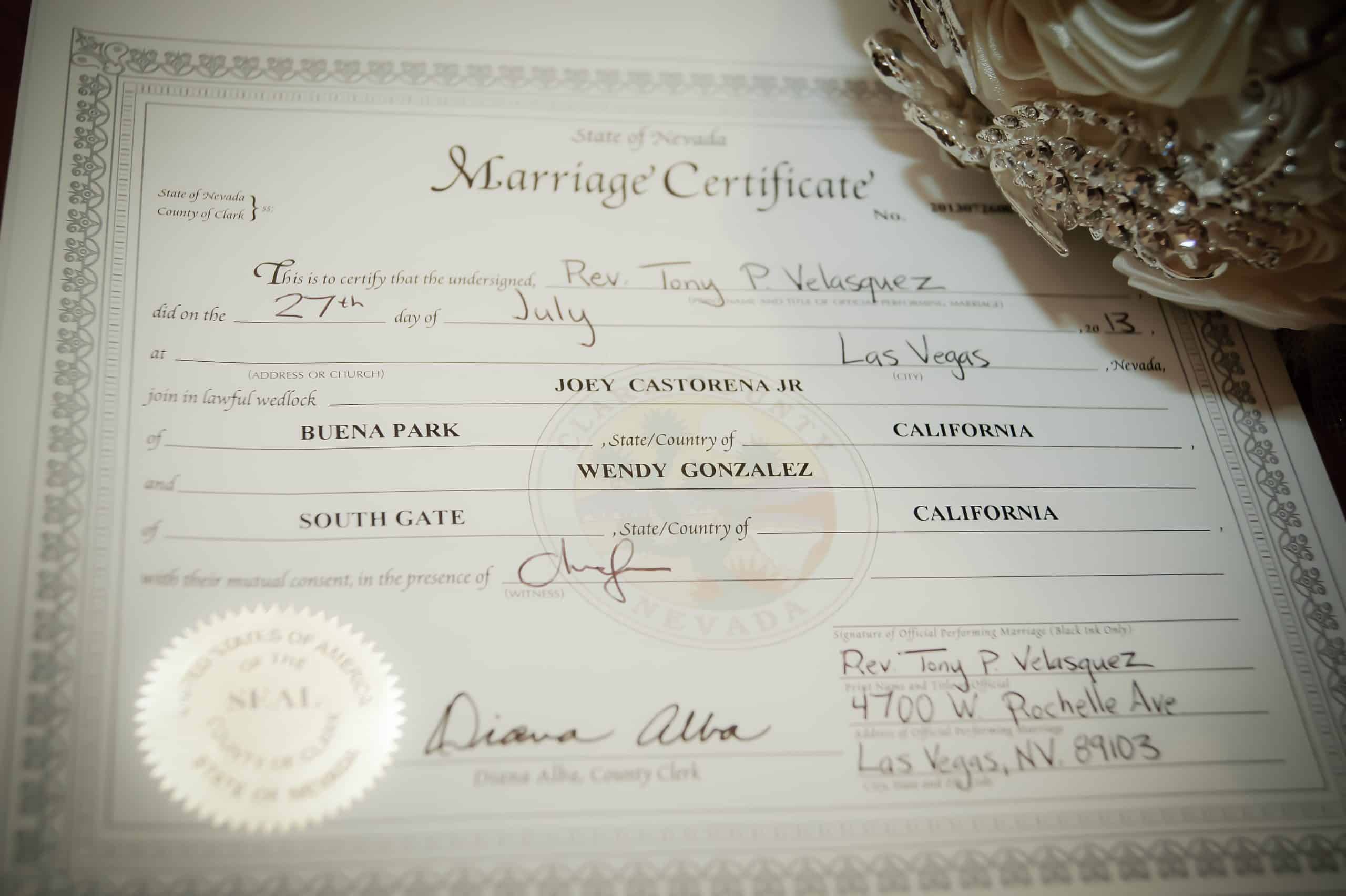 Las Vegas Wedding Certificate